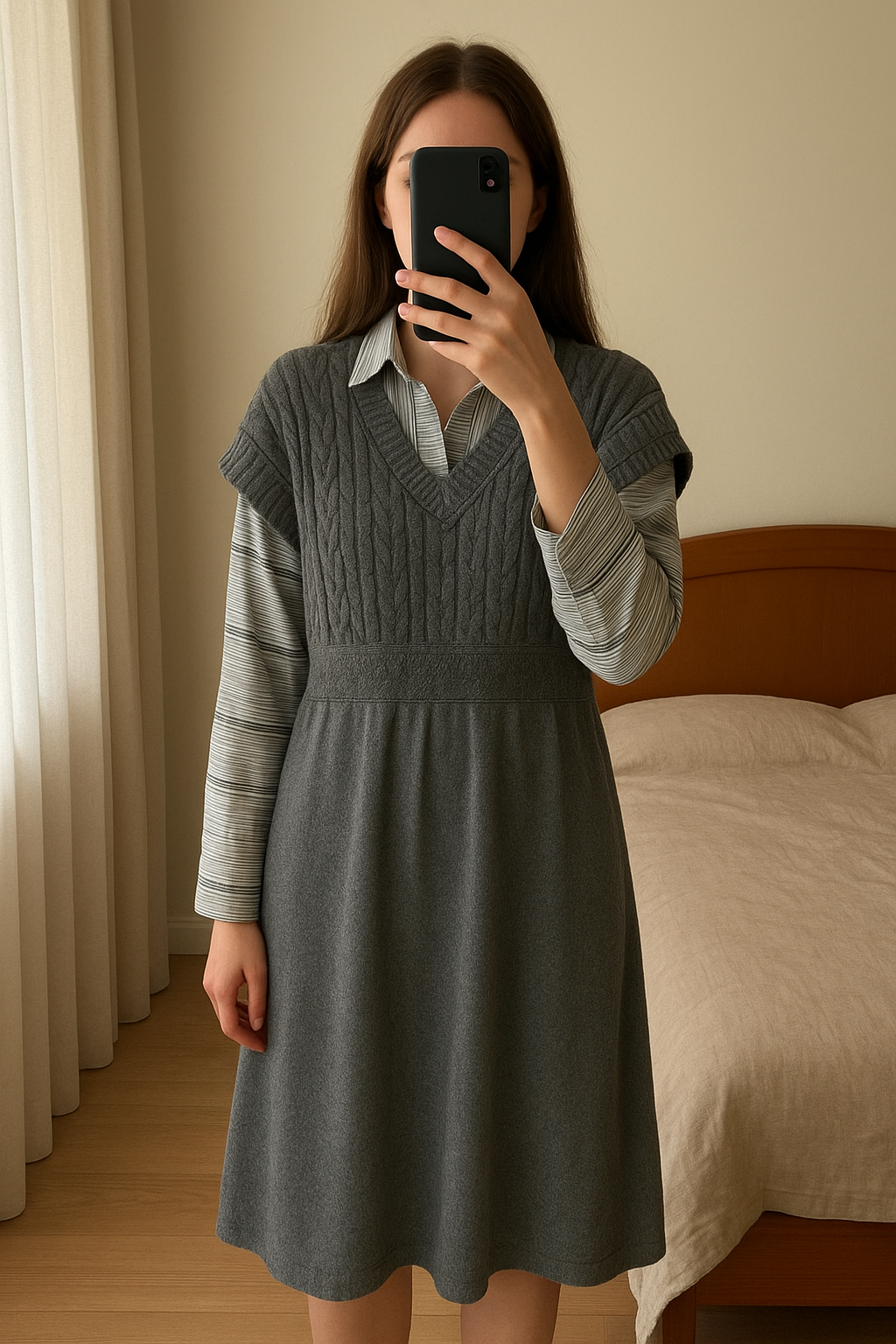 Abito in maglia di cotone con camicia abbinata in piedi, rivolto verso la fotocamera, in una camera da letto con luce soffusa e luce naturale che filtra dalla finestra.