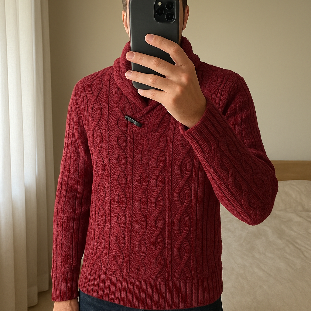 Fat Face Men's Burgundy Cowl Neck Cable Chunky Knit Jumper - Large standing straight facing the camera, in a softly lit bedroom setting, with gentle natural light filtering through a window.