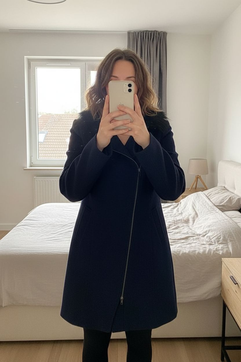 Manteau hiver laine Naf Naf - 36 debout, face à la caméra, dans une chambre à la lumière douce, avec une lumière naturelle filtrant par la fenêtre.