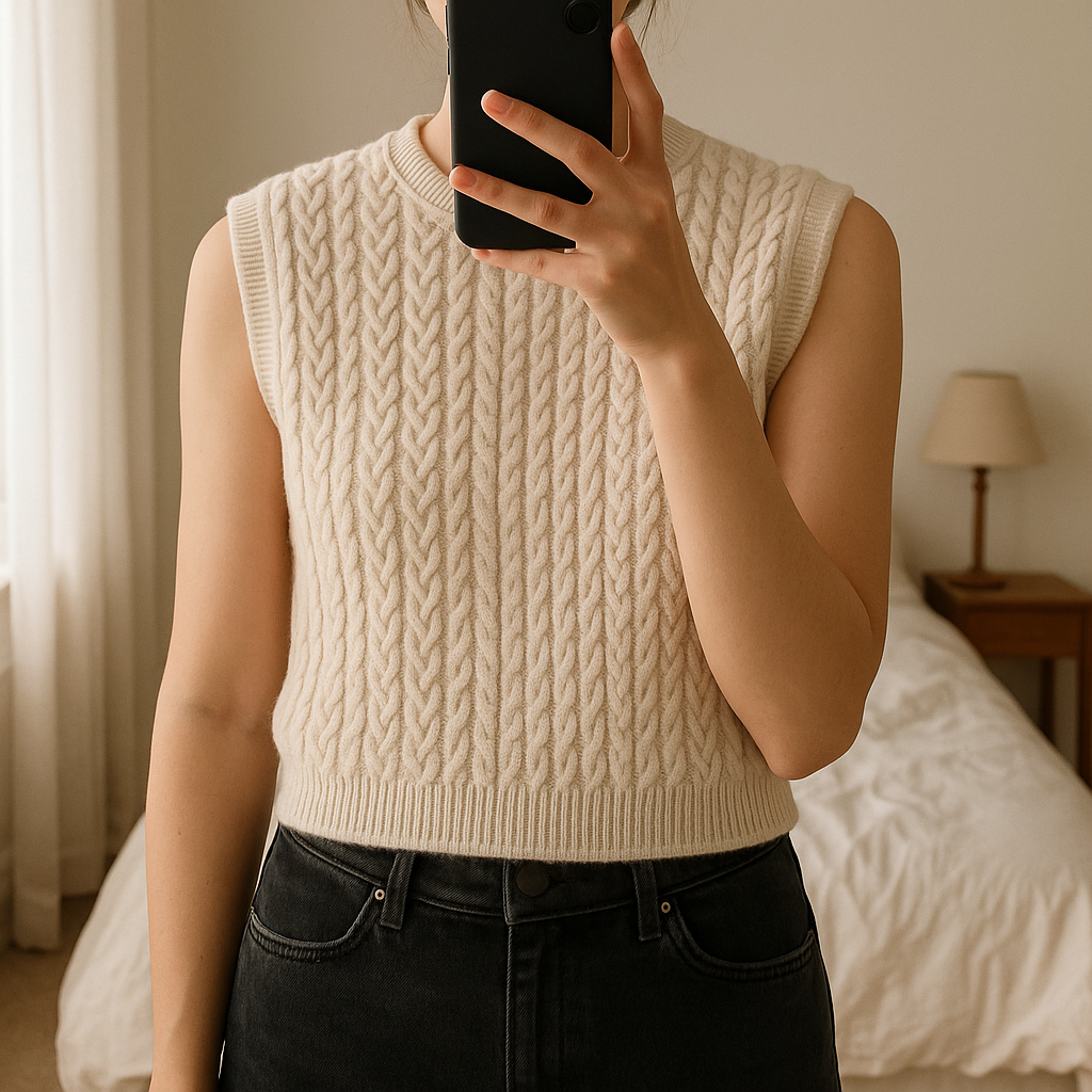 Top court en maille Zara beige S - Maglione Zara panciotti S in piedi, rivolto verso la fotocamera, in una camera da letto con luce soffusa e luce naturale che filtra dalla finestra.