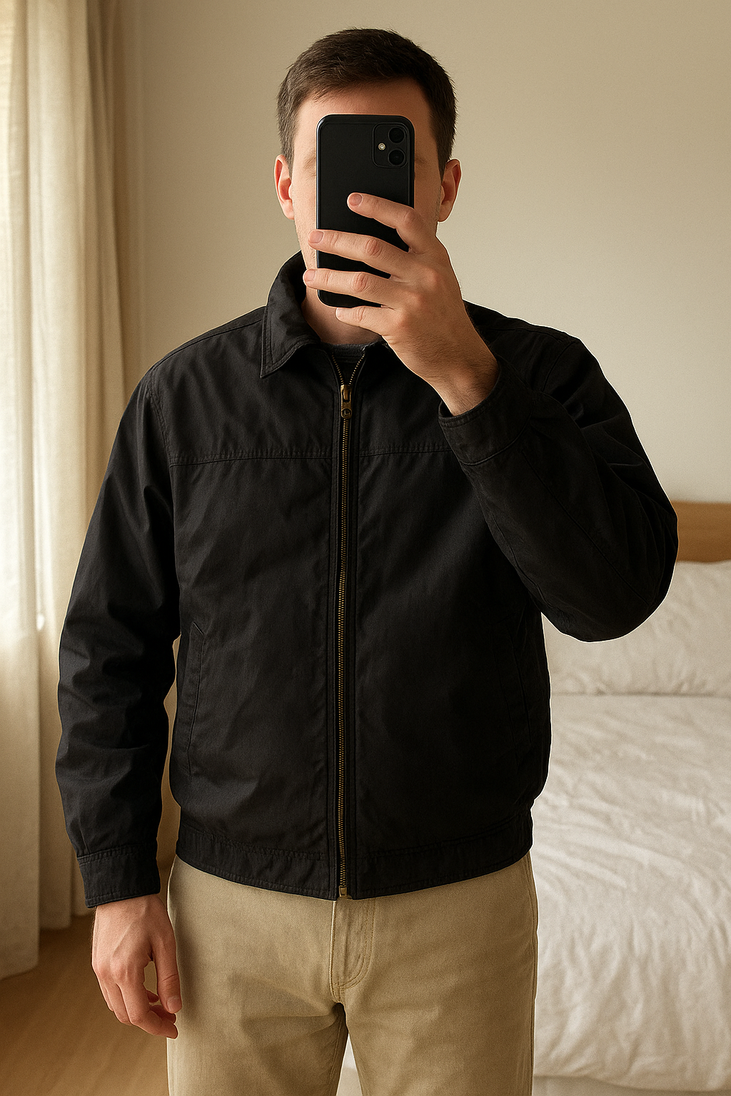 Veste à col Lacoste homme debout, face à la caméra, dans une chambre à la lumière douce, avec une lumière naturelle filtrant par la fenêtre.