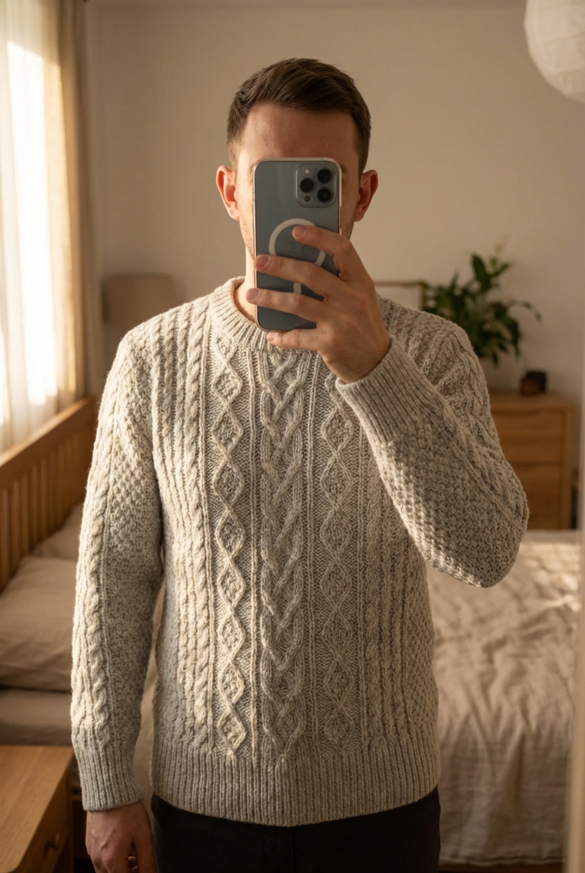 Pull Cableknit Tricot Torsadé Aran Wool Sweater Mix Laine Blanc écru Aran Craft L debout, face à la caméra, dans une chambre à la lumière douce, avec une lumière naturelle filtrant par la fenêtre.