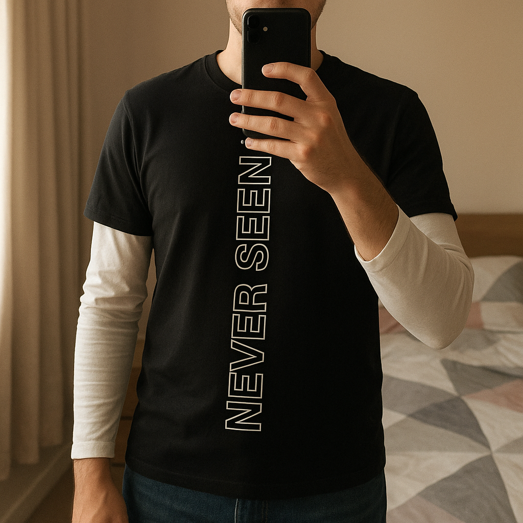 Tee-shirts manche longue 12 ans debout, face à la caméra, dans une chambre à la lumière douce, avec une lumière naturelle filtrant par la fenêtre.