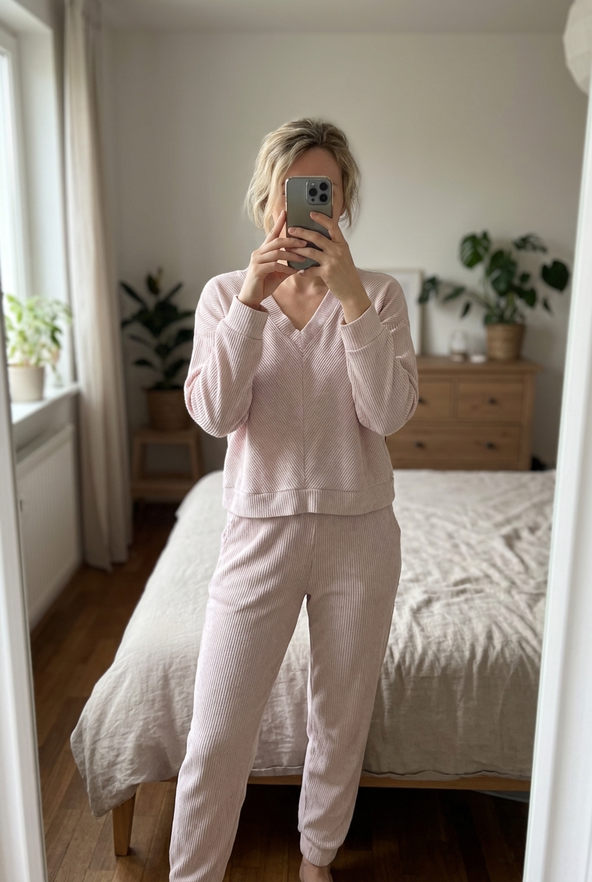 Una persona in Ensemble chill pyjama femme L - pigiami donna L in piedi, rivolto verso la fotocamera, in una camera da letto con luce soffusa e luce naturale che filtra dalla finestra.