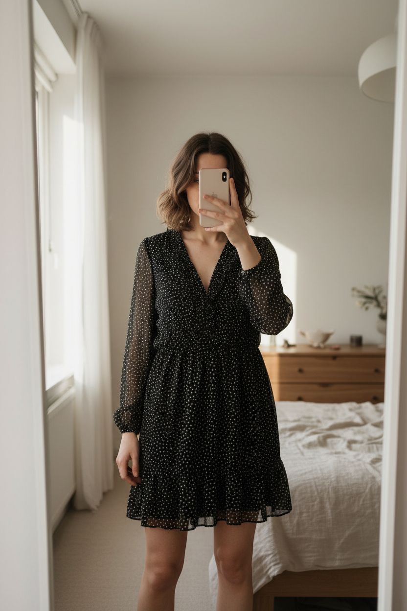 Zara Polka Dot Mini Dress – Size S aufrecht stehend, der Kamera zugewandt, in einem sanft beleuchteten Schlafzimmer, mit natürlichem Licht, das durch ein Fenster fällt.