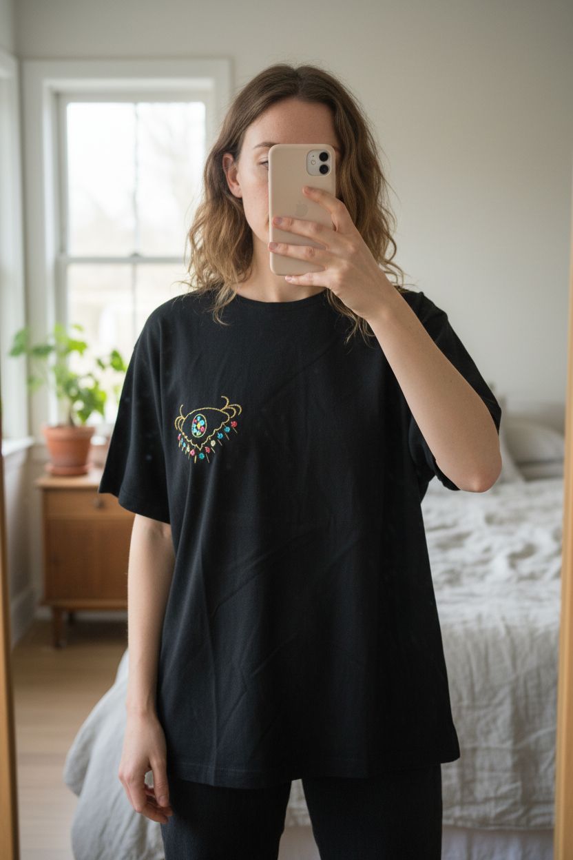 Bluhmod Vibtage T-Shirt Pailletten schwarz Gr 40 aufrecht stehend, der Kamera zugewandt, in einem sanft beleuchteten Schlafzimmer, mit natürlichem Licht, das durch ein Fenster fällt.