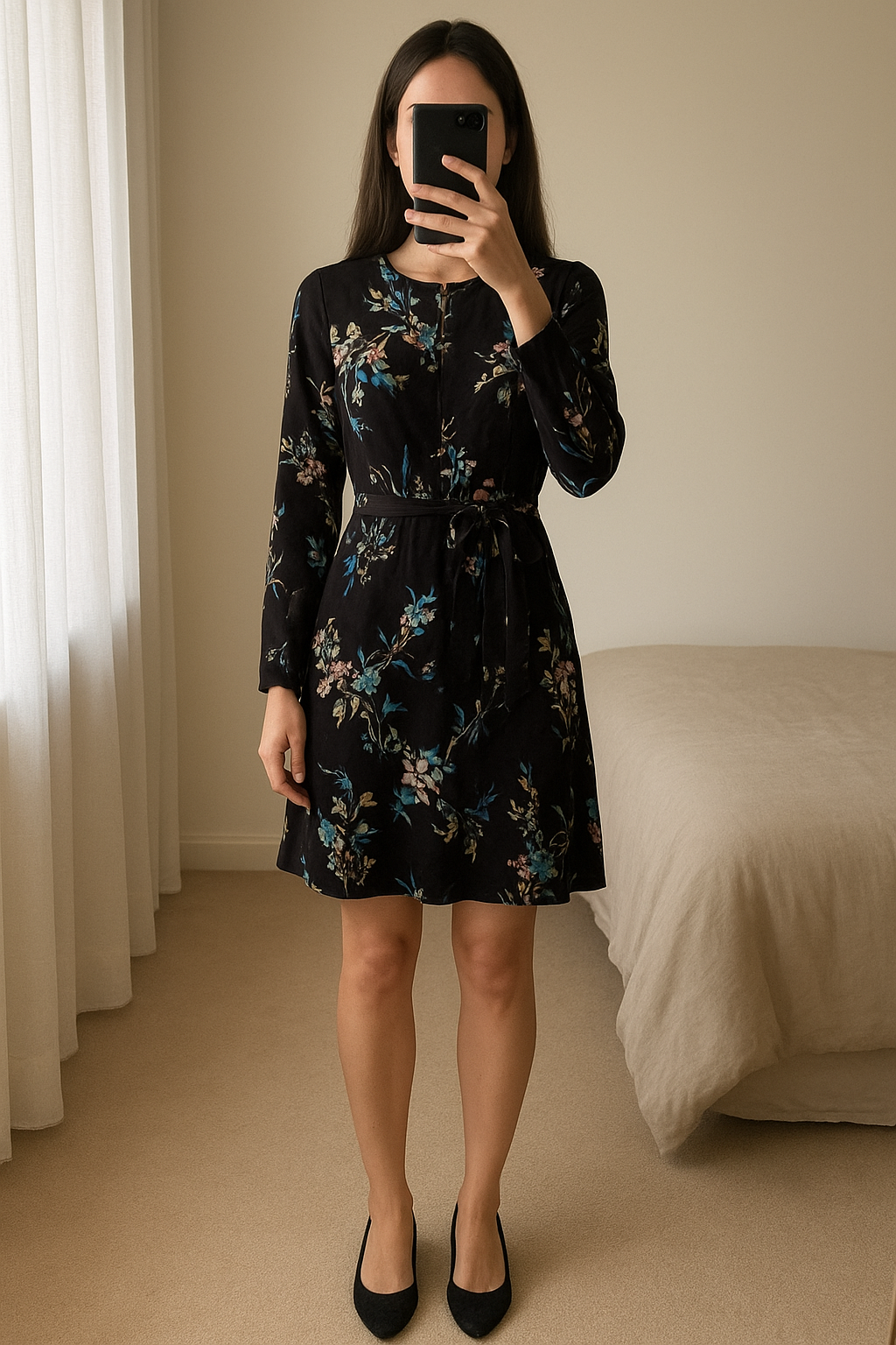 Pre-Loved Lipsy Floral Playsuit - Size 10 standing straight facing the camera, in a softly lit bedroom setting, with gentle natural light filtering through a window.