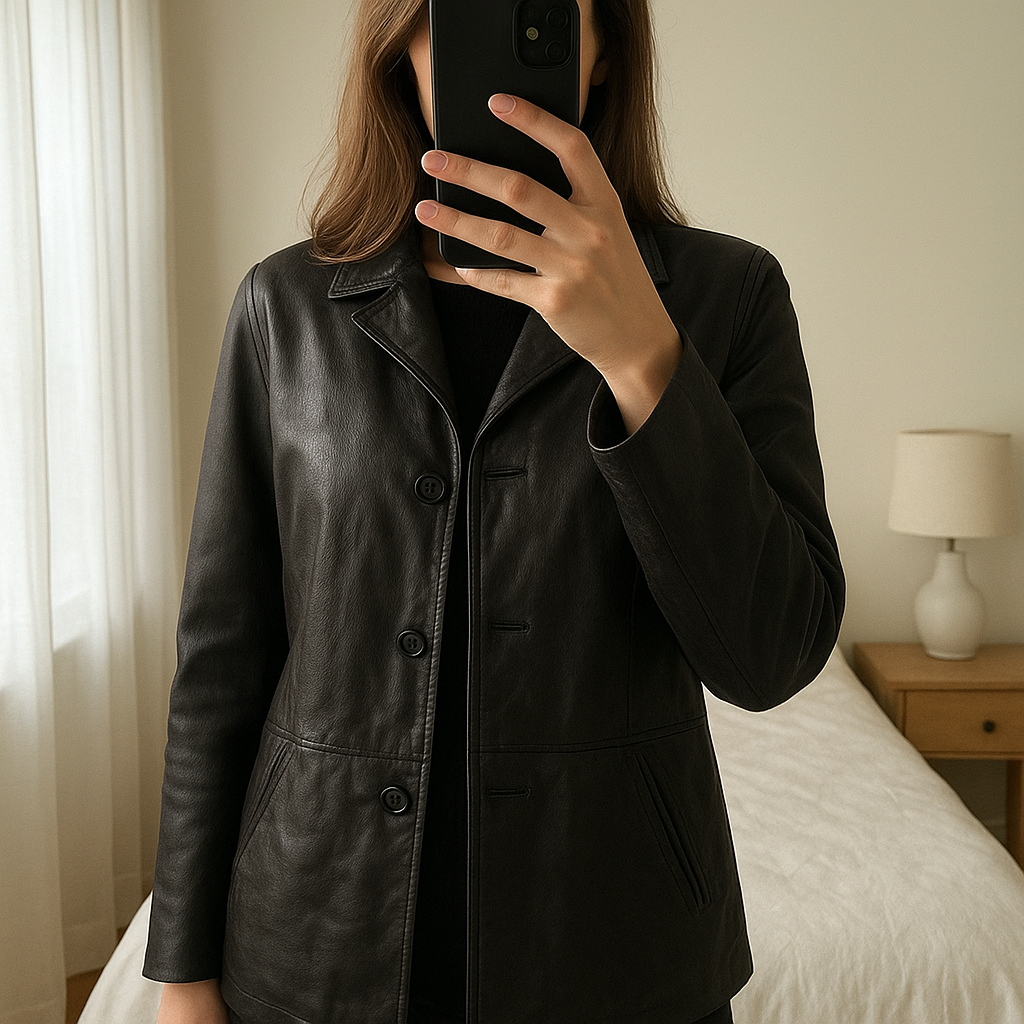 Burberry women's hybrid jacket, black, size M in piedi, rivolto verso la fotocamera, in una camera da letto con luce soffusa e luce naturale che filtra dalla finestra.