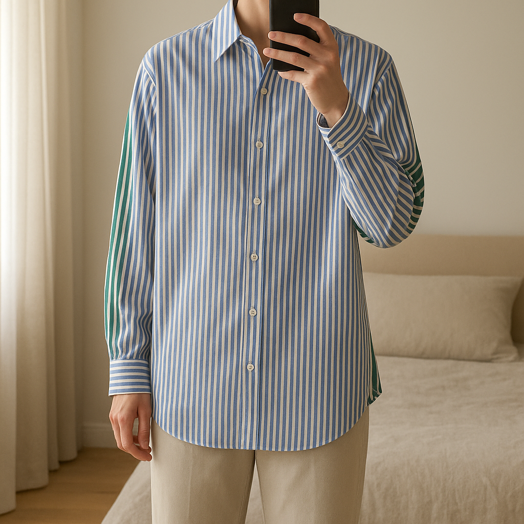 Camicia a righe in piedi, rivolto verso la fotocamera, in una camera da letto con luce soffusa e luce naturale che filtra dalla finestra.
