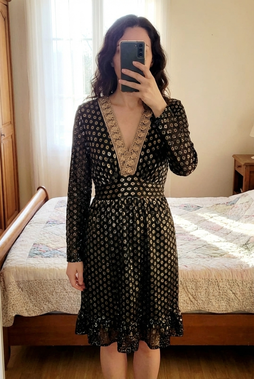 Joloe robe noire et dorée debout, face à la caméra, dans une chambre à la lumière douce, avec une lumière naturelle filtrant par la fenêtre.