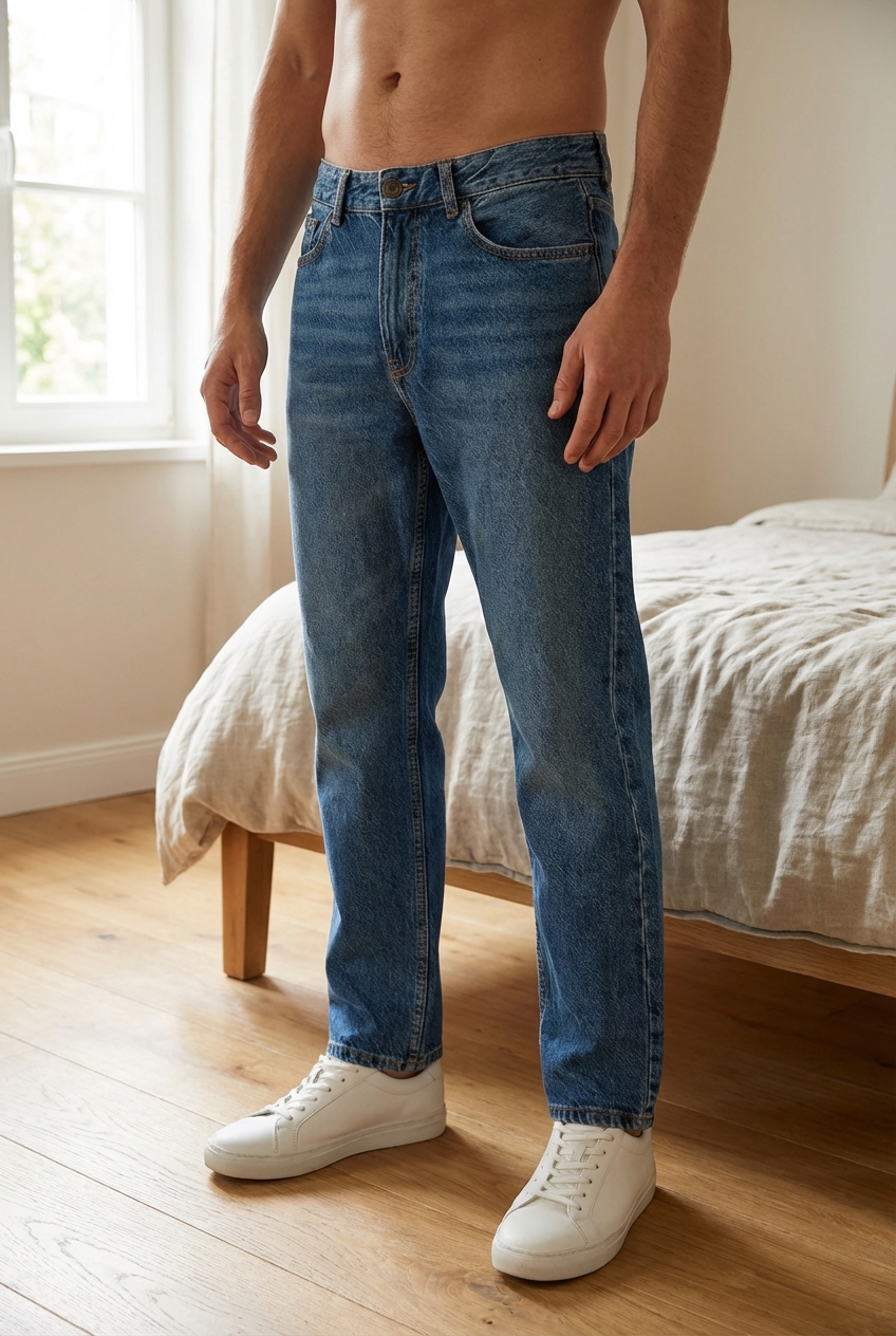 Jean homme Bershka taille 38 debout, face à la caméra, dans une chambre à la lumière douce, avec une lumière naturelle filtrant par la fenêtre.