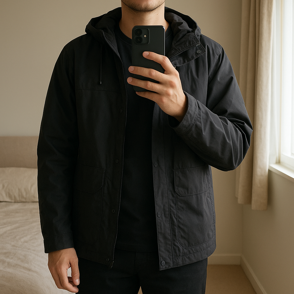 Arco Essentials. Mens waterproof coat standing straight facing the camera, in a softly lit bedroom setting, with gentle natural light filtering through a window.