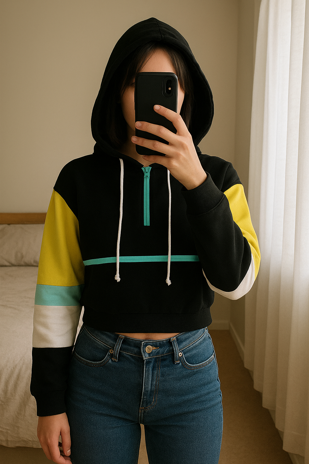 Sporty Fashion Hoodie standing straight facing the camera, in a softly lit bedroom setting, with gentle natural light filtering through a window.