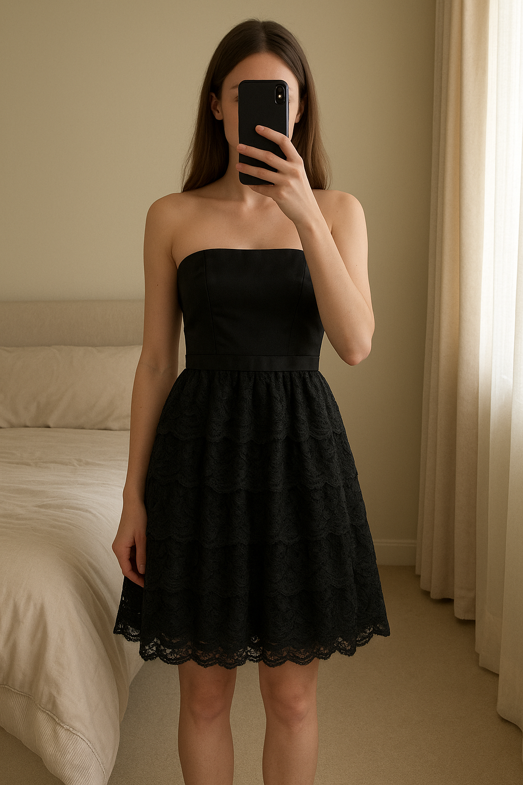 Oasis short ruffle layered black dress standing straight facing the camera, in a softly lit bedroom setting, with gentle natural light filtering through a window.