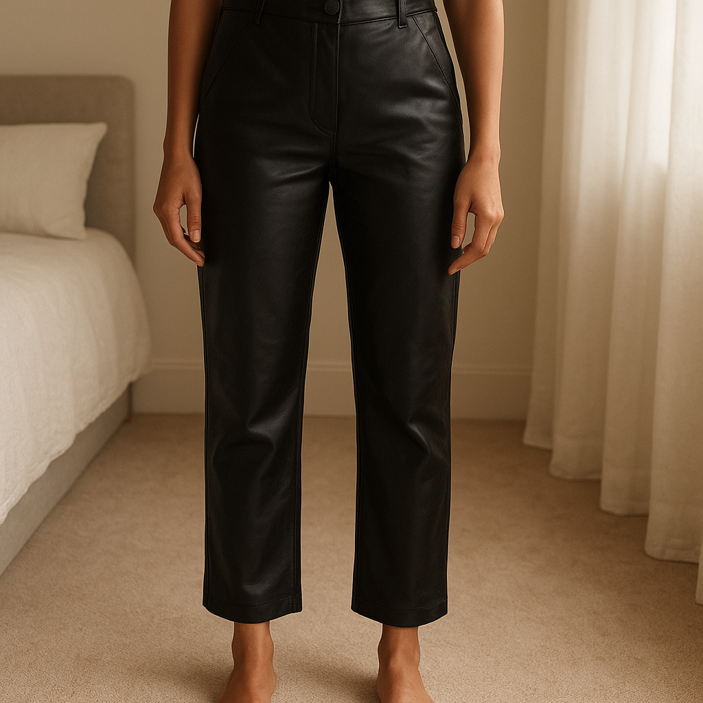 Une personne en Pantalon noir Simili cuir Bershka debout, face à la caméra, avec une silhouette fine, dans une chambre à la lumière douce, avec une lumière naturelle filtrant par la fenêtre.