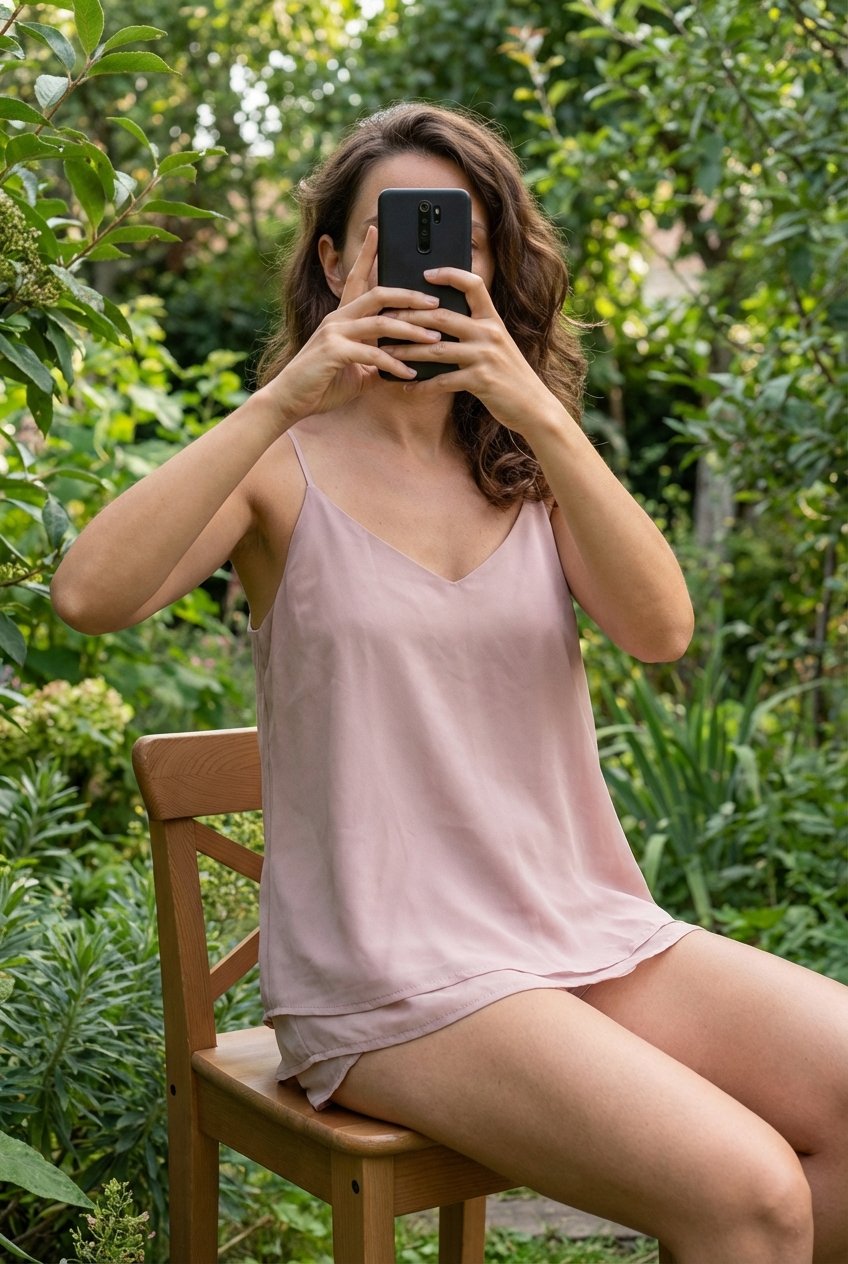 Eine Person in Schönes Top doppellagig | Gr. XS auf einem hohen Stuhl sitzend, mit entspannter Haltung, mit schlanker Figur, im Freien, in einer natürlichen Umgebung, umgeben von Grün und sanftem Tageslicht.