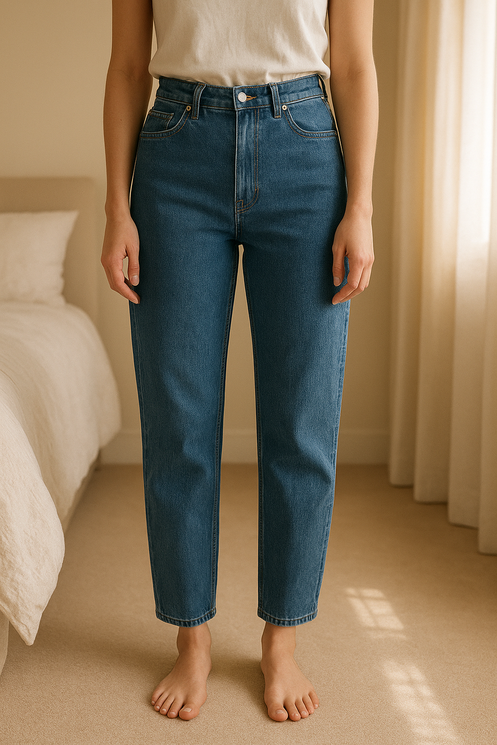 Jean Regular Maison Standars T30 debout, face à la caméra, dans une chambre à la lumière douce, avec une lumière naturelle filtrant par la fenêtre.