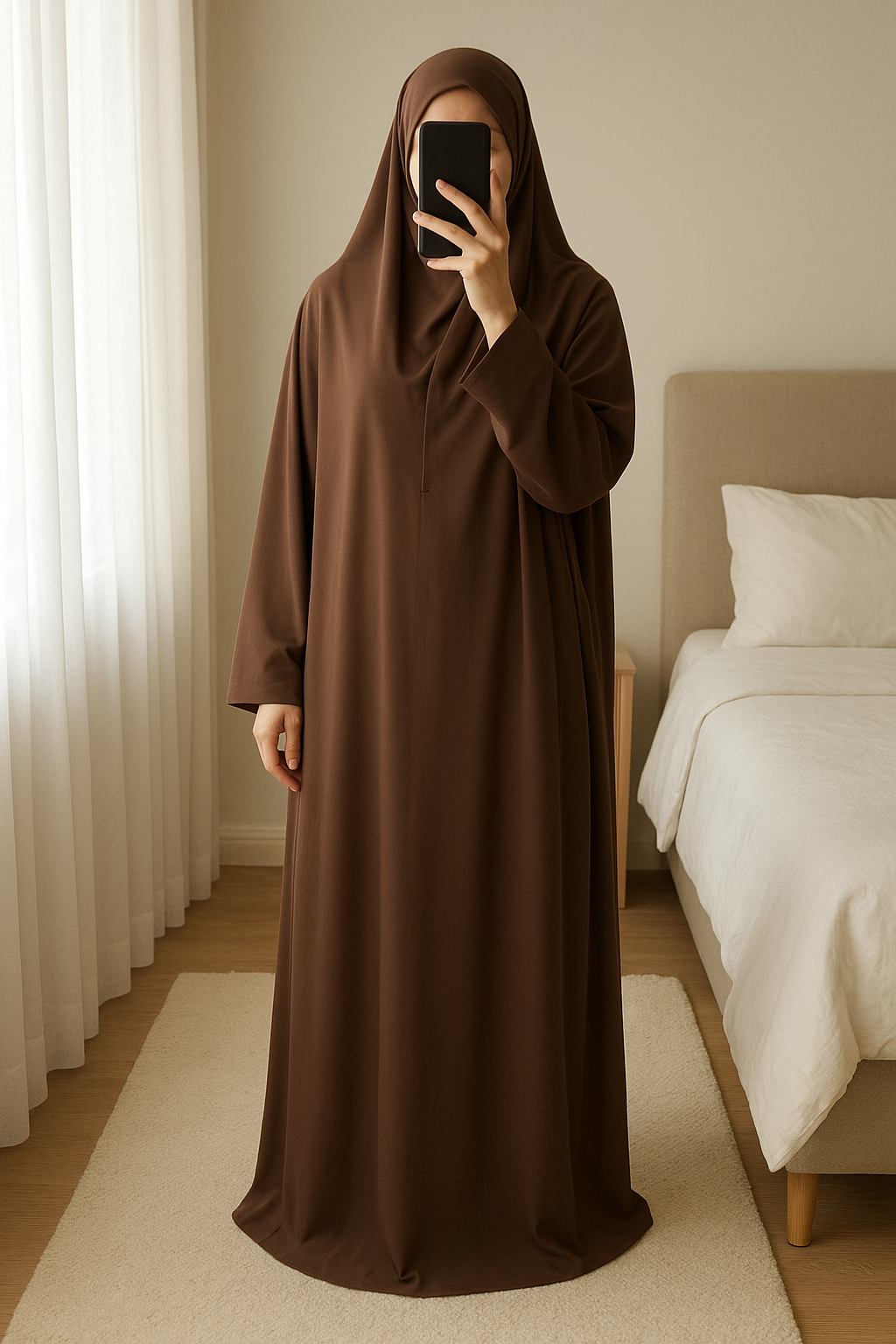 Jilbab 2 pièces couleur chocolat en soie de medine debout, face à la caméra, dans une chambre à la lumière douce, avec une lumière naturelle filtrant par la fenêtre.