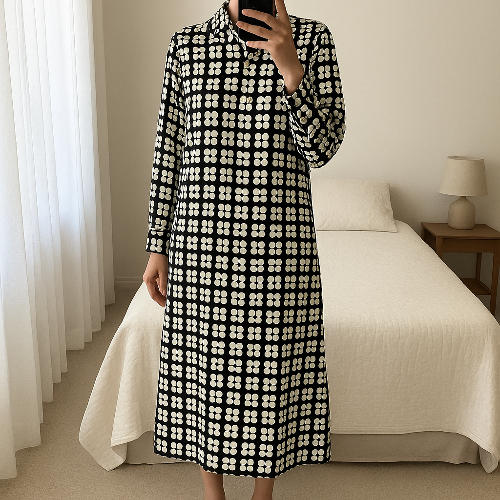 Robe chemise Zara debout, face à la caméra, dans une chambre à la lumière douce, avec une lumière naturelle filtrant par la fenêtre.