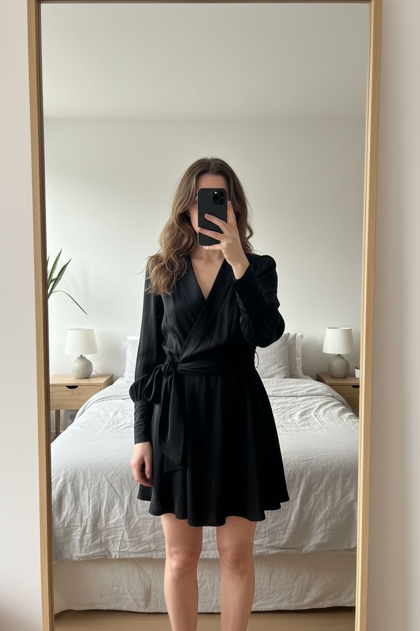 Robe en soie noire Zimmermann taille 1 debout, face à la caméra, dans une chambre à la lumière douce, avec une lumière naturelle filtrant par la fenêtre.