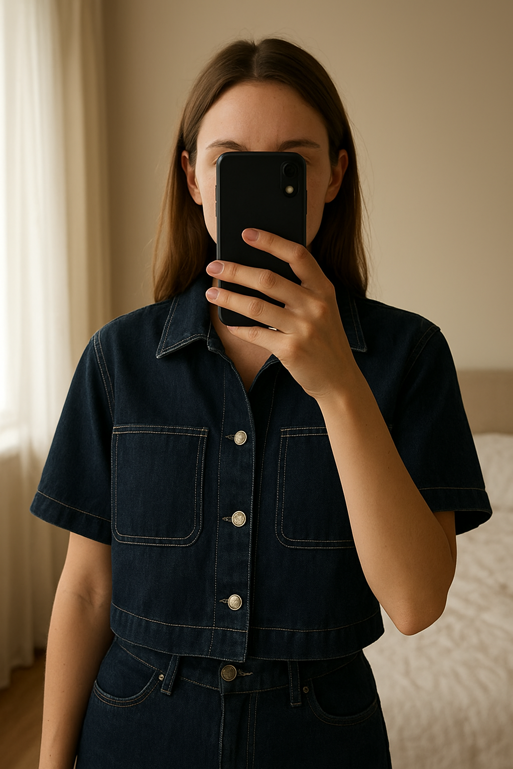 Haut bleu marine ZARA – Neuf avec étiquette – Coupe élégante debout, face à la caméra, dans une chambre à la lumière douce, avec une lumière naturelle filtrant par la fenêtre.