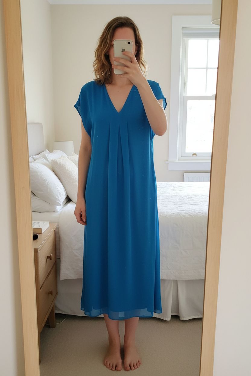 Jigsaw blue midi dress UKM silk mix cap sleeves summer holiday party lightweight standing straight facing the camera, in a softly lit bedroom setting, with gentle natural light filtering through a window.