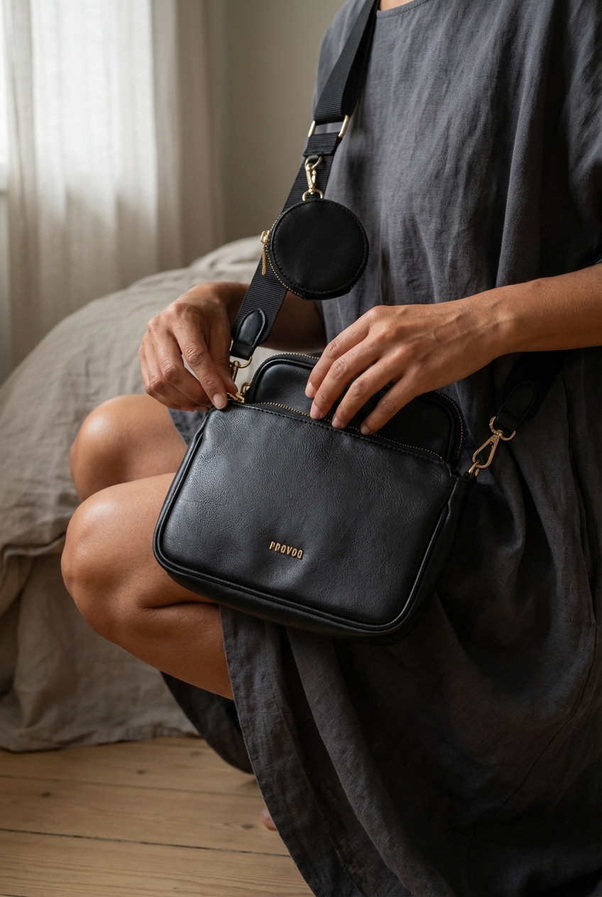 Une personne en 🖤 Sac bandoulière Provoq noir 3 en 1 accroupi élégamment pour montrer le tombé et le mouvement du vêtement, dans une chambre à la lumière douce, avec une lumière naturelle filtrant par la fenêtre.