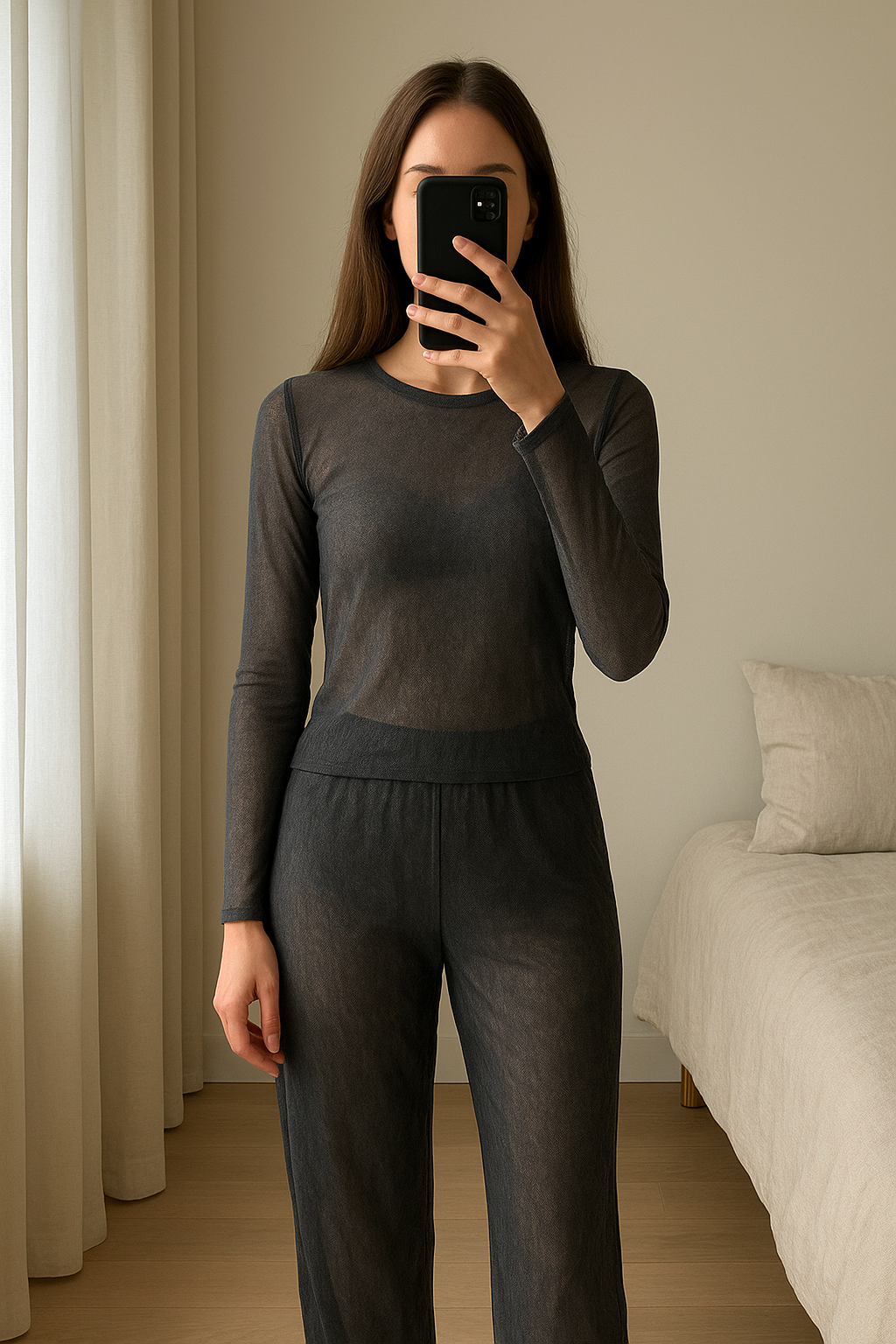 Body transparent debout, face à la caméra, dans une chambre à la lumière douce, avec une lumière naturelle filtrant par la fenêtre.