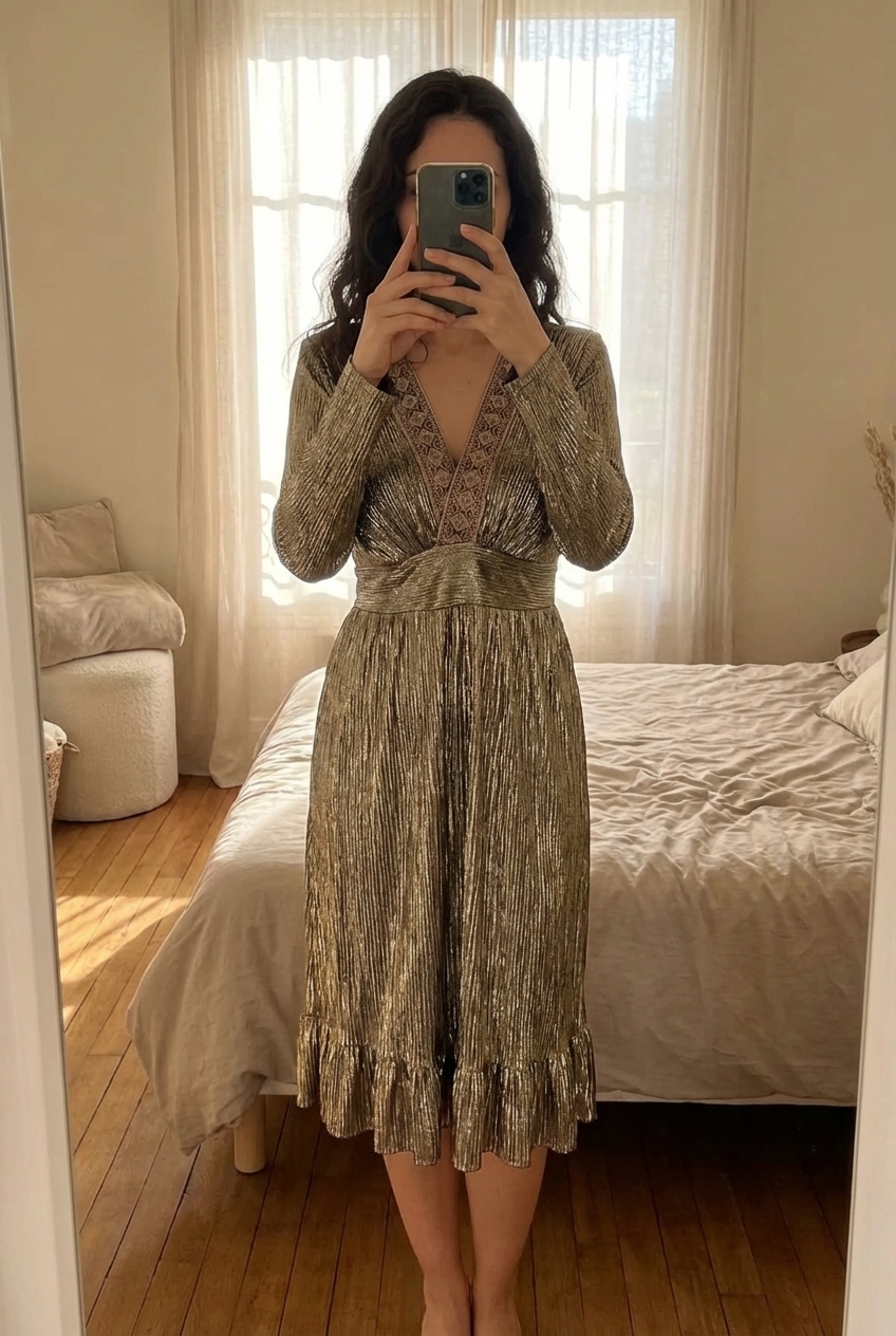 Sublime robe debout, face à la caméra, dans une chambre à la lumière douce, avec une lumière naturelle filtrant par la fenêtre.