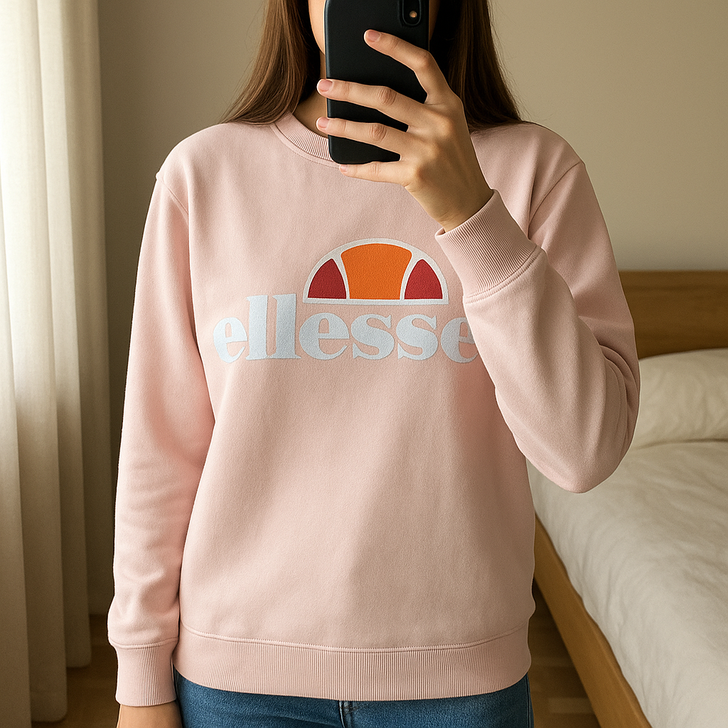 Pull Ellesse debout, face à la caméra, dans une chambre à la lumière douce, avec une lumière naturelle filtrant par la fenêtre.