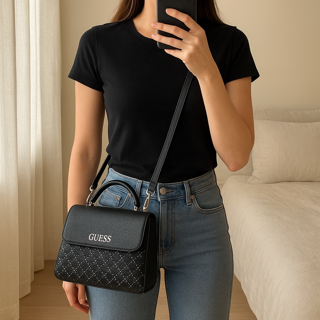 Sac à main Guess debout, face à la caméra, dans une chambre à la lumière douce, avec une lumière naturelle filtrant par la fenêtre.