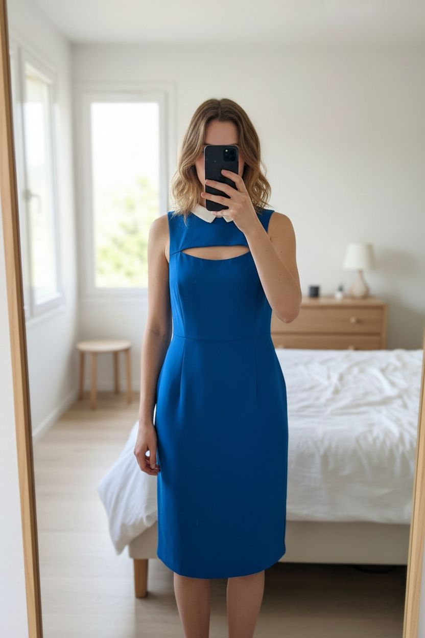 Robe bleue coupe crayon Claudie Pierlot em pé, de frente para a câmera, em um quarto com iluminação suave e luz natural filtrando pela janela.