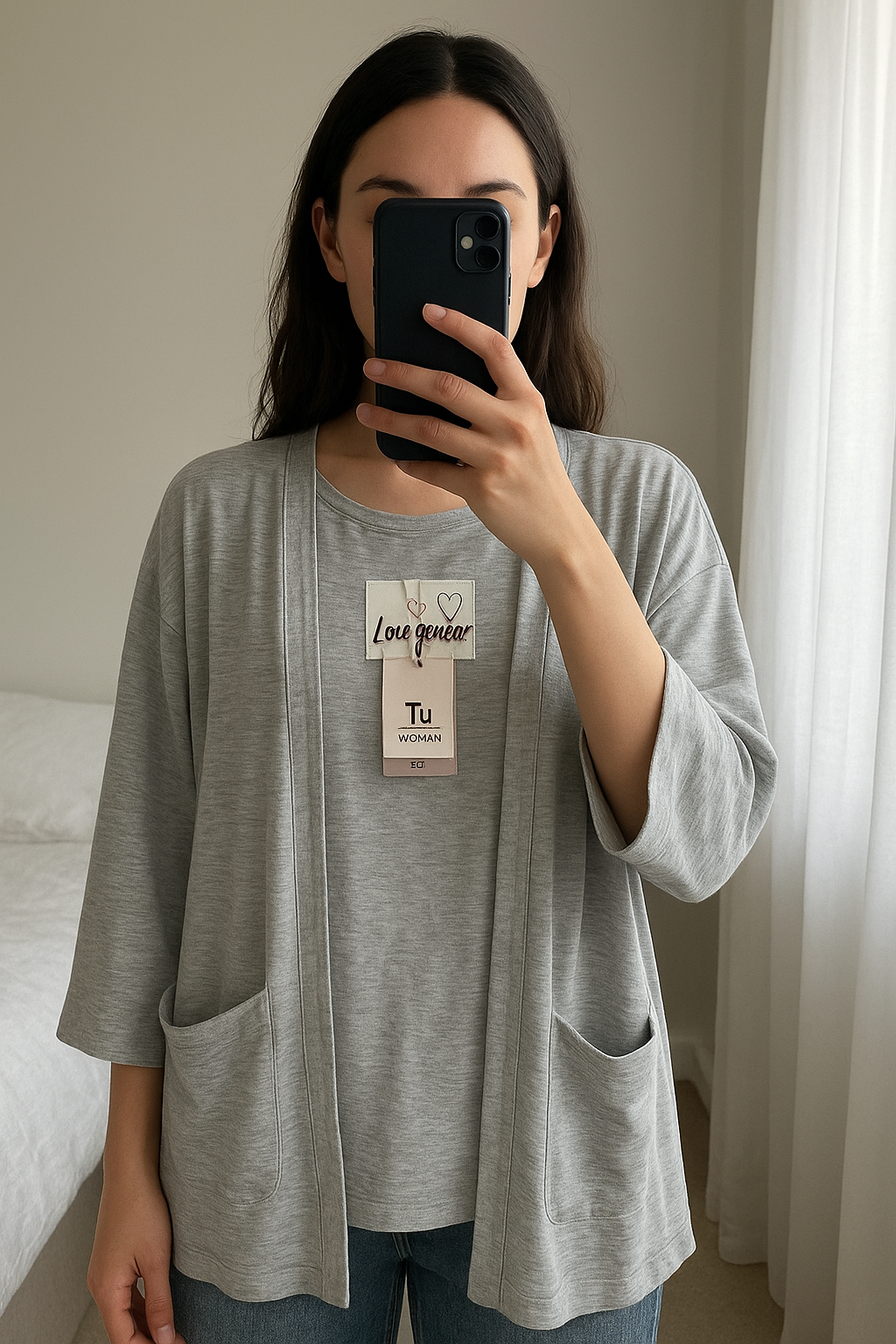 Loungewear standing straight facing the camera, in a softly lit bedroom setting, with gentle natural light filtering through a window.