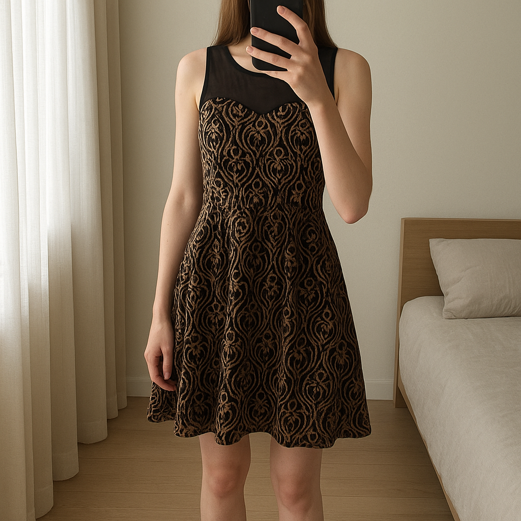 Une personne en Robe fête broderie dorée Taille S debout, face à la caméra, dans une chambre à la lumière douce, avec une lumière naturelle filtrant par la fenêtre.