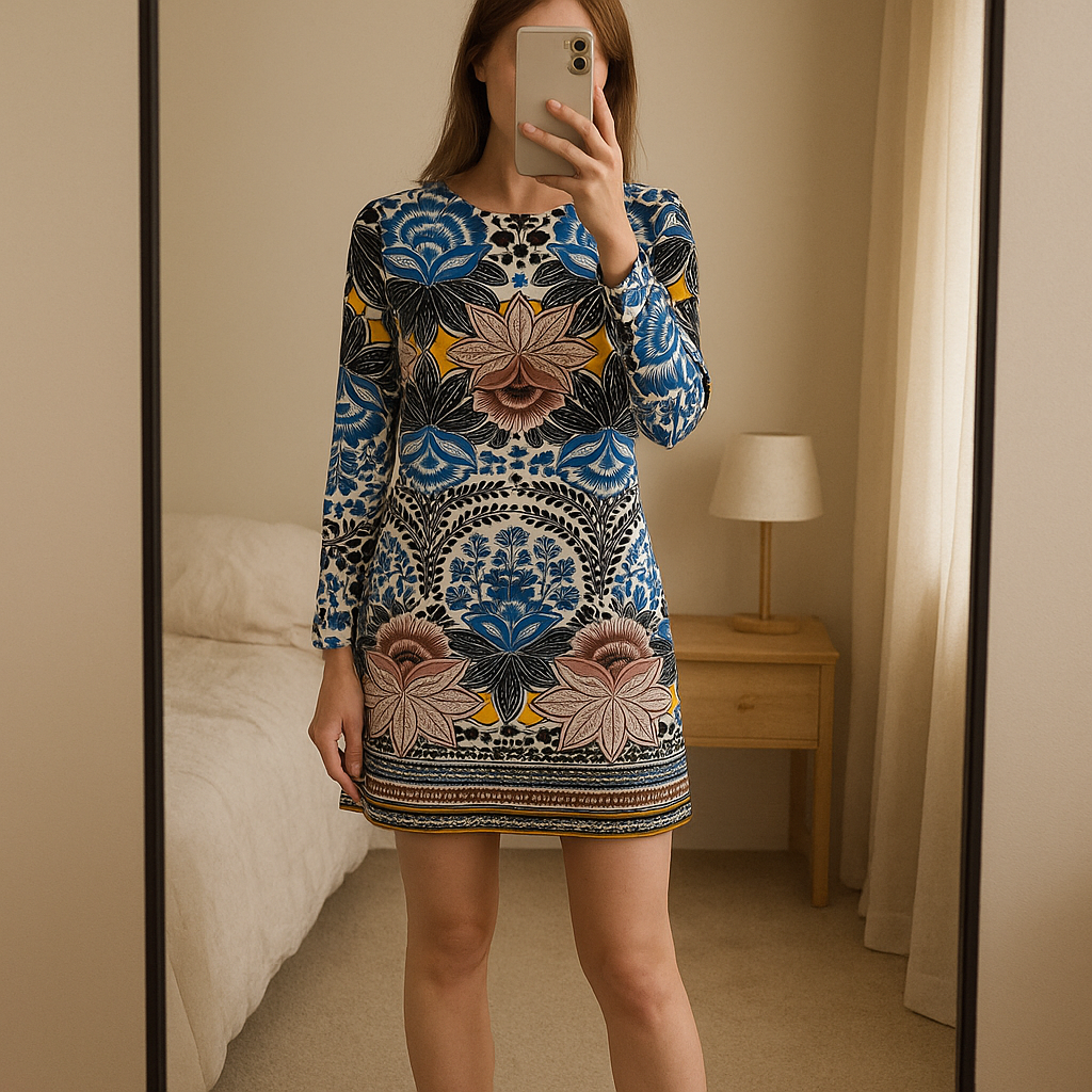 Une personne en Robe femme taille 38 cambrant légèrement le dos pour une pose dynamique, avec une silhouette fine, dans une chambre à la lumière douce, avec une lumière naturelle filtrant par la fenêtre.