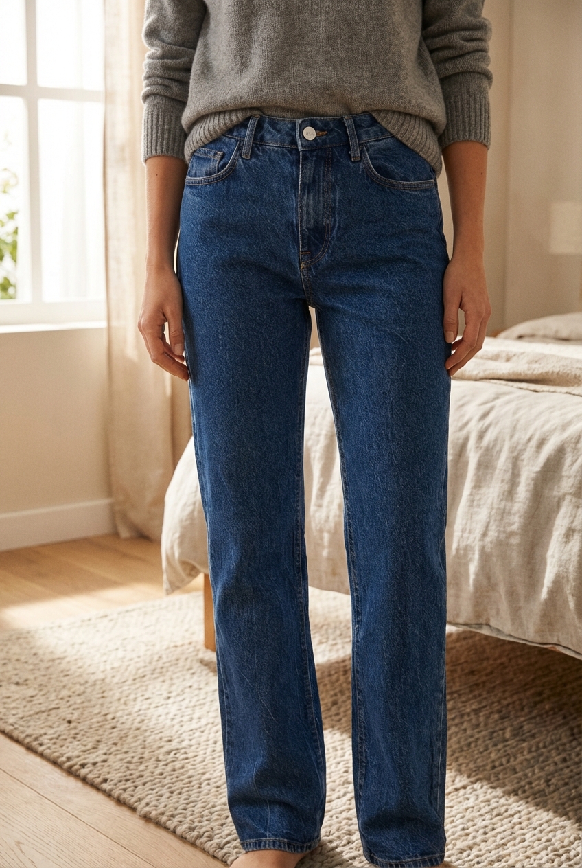 Jean droit MNG (Mango) bleu vintage taille 38 – coupe straight Y2K debout, face à la caméra, dans une chambre à la lumière douce, avec une lumière naturelle filtrant par la fenêtre.