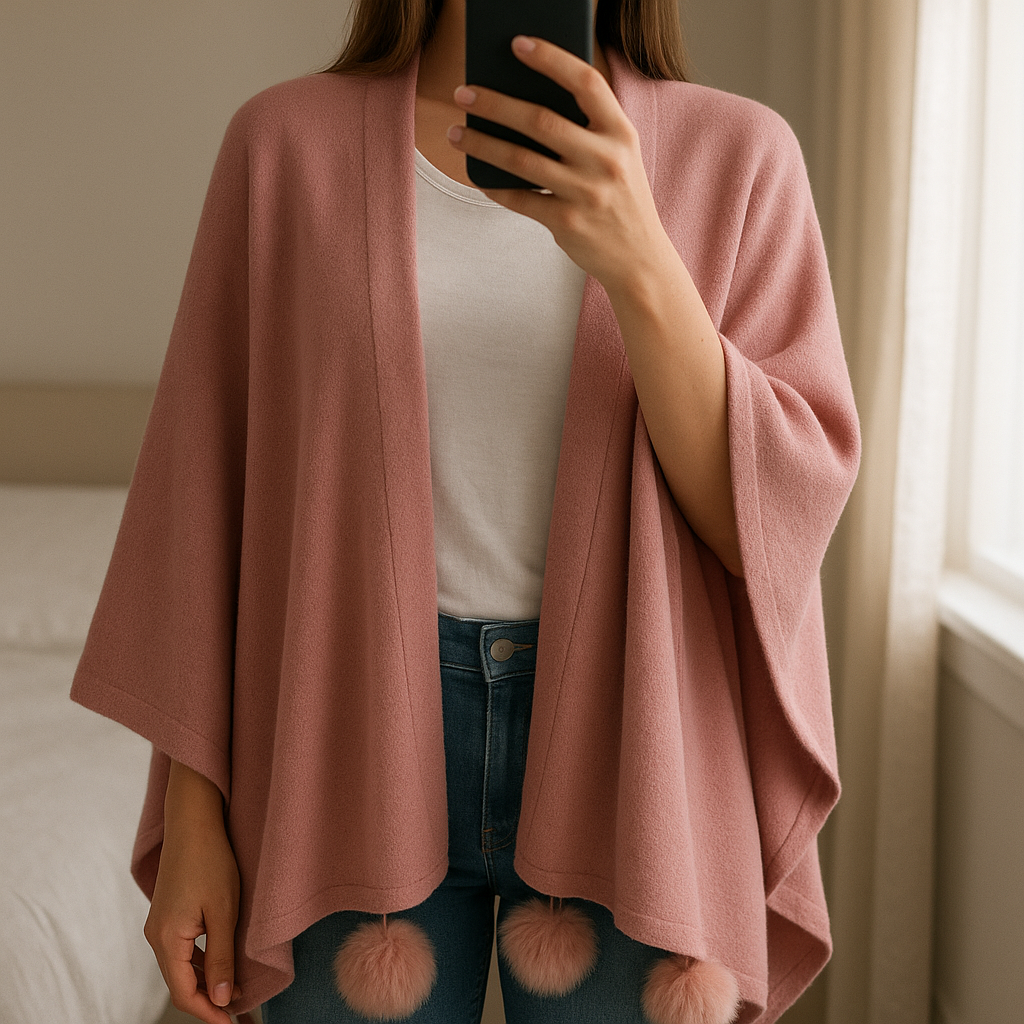 Ponchos femme Un jour Ailleurs debout, face à la caméra, dans une chambre à la lumière douce, avec une lumière naturelle filtrant par la fenêtre.