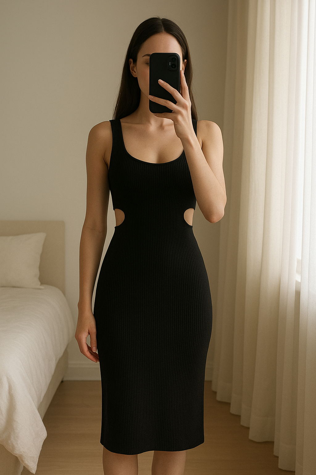 Robe noire debout, face à la caméra, dans une chambre à la lumière douce, avec une lumière naturelle filtrant par la fenêtre.