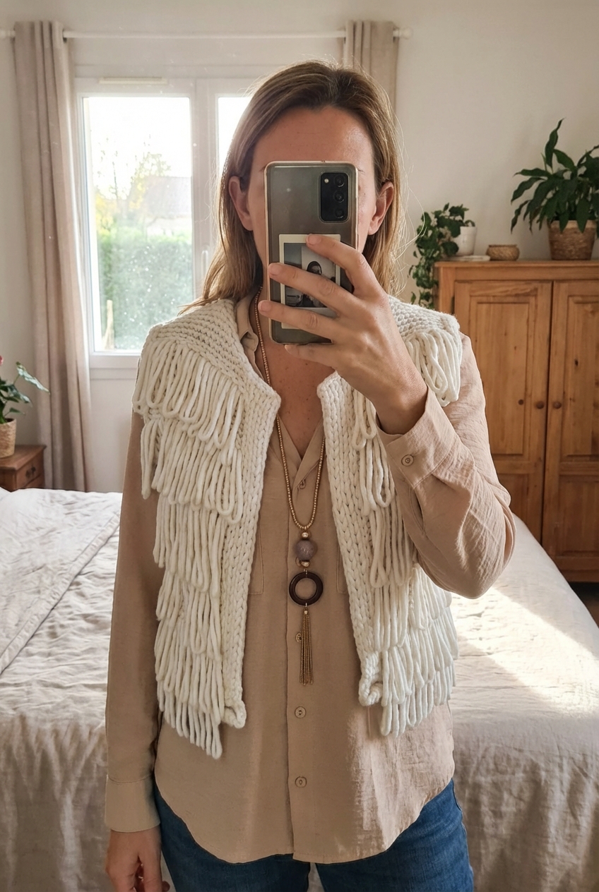 Une personne en Sublime gilet sans manches beige à franges – rare et tendance debout, face à la caméra, avec une silhouette fine, dans une chambre à la lumière douce, avec une lumière naturelle filtrant par la fenêtre.