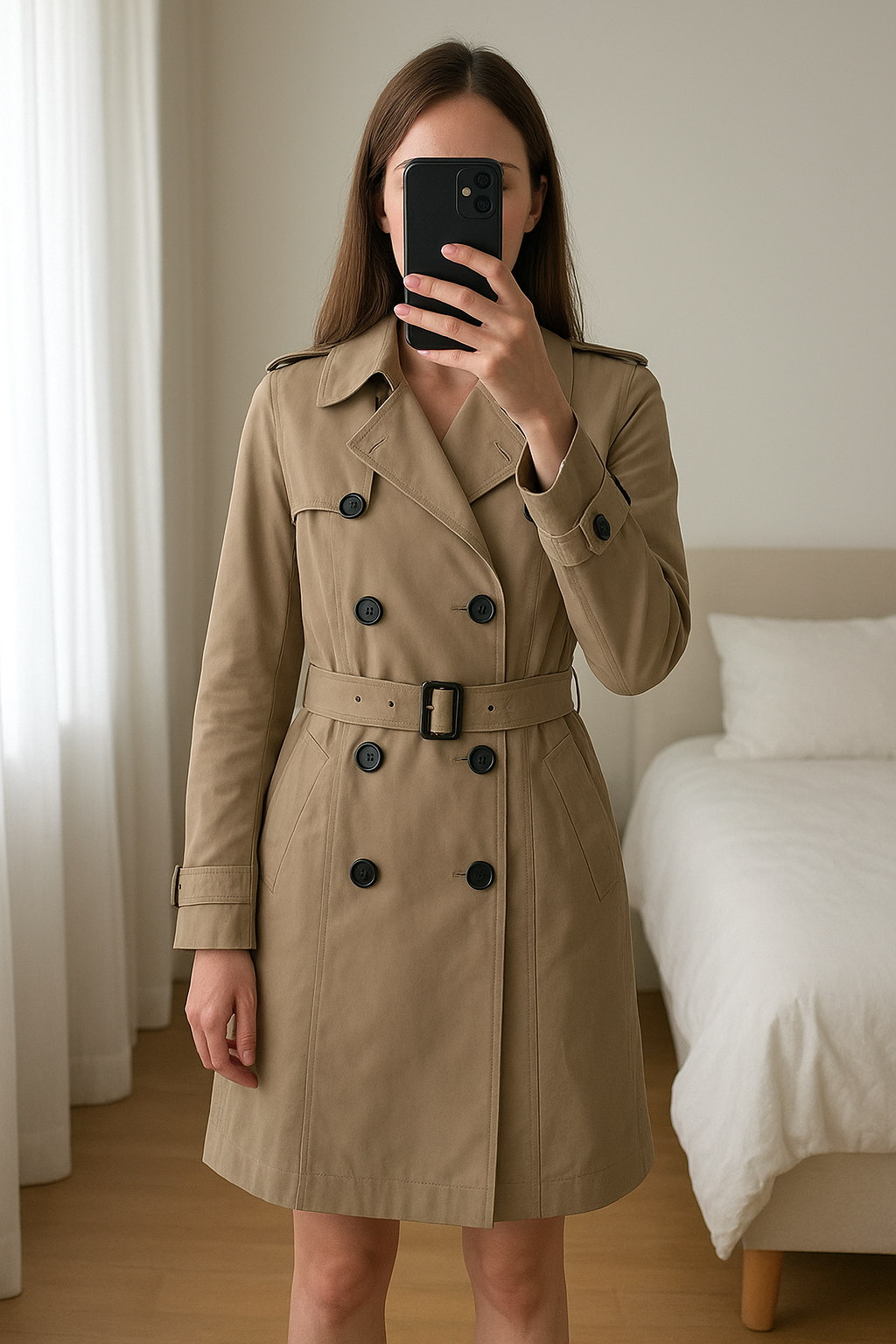 Trench comptoir des cotonniers debout, face à la caméra, dans une chambre à la lumière douce, avec une lumière naturelle filtrant par la fenêtre.