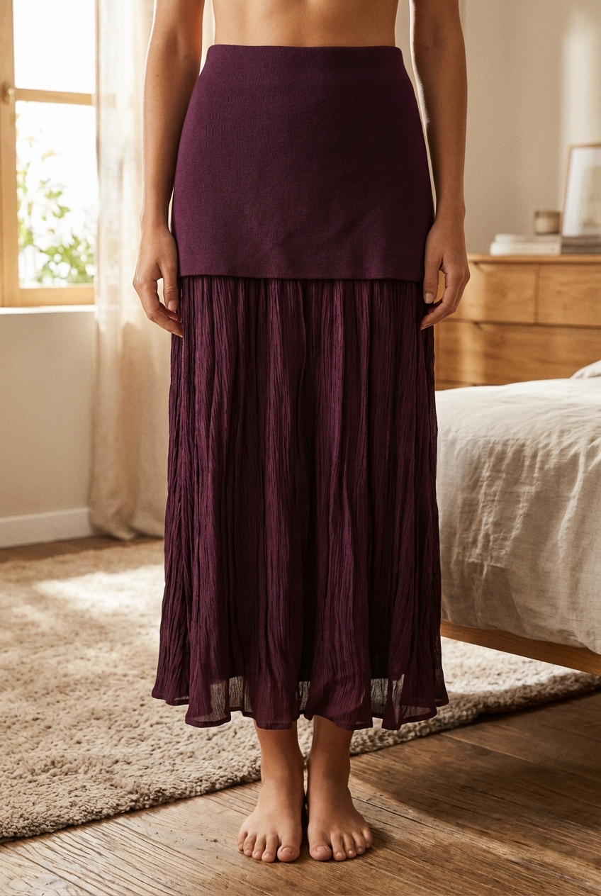 Une personne en Jupe Longue Zara violet Taille S debout, face à la caméra, dans une chambre à la lumière douce, avec une lumière naturelle filtrant par la fenêtre.