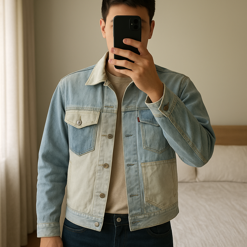 Veste Levi’s Premium patchwork en denim bicolore – Taille L debout, face à la caméra, dans une chambre à la lumière douce, avec une lumière naturelle filtrant par la fenêtre.