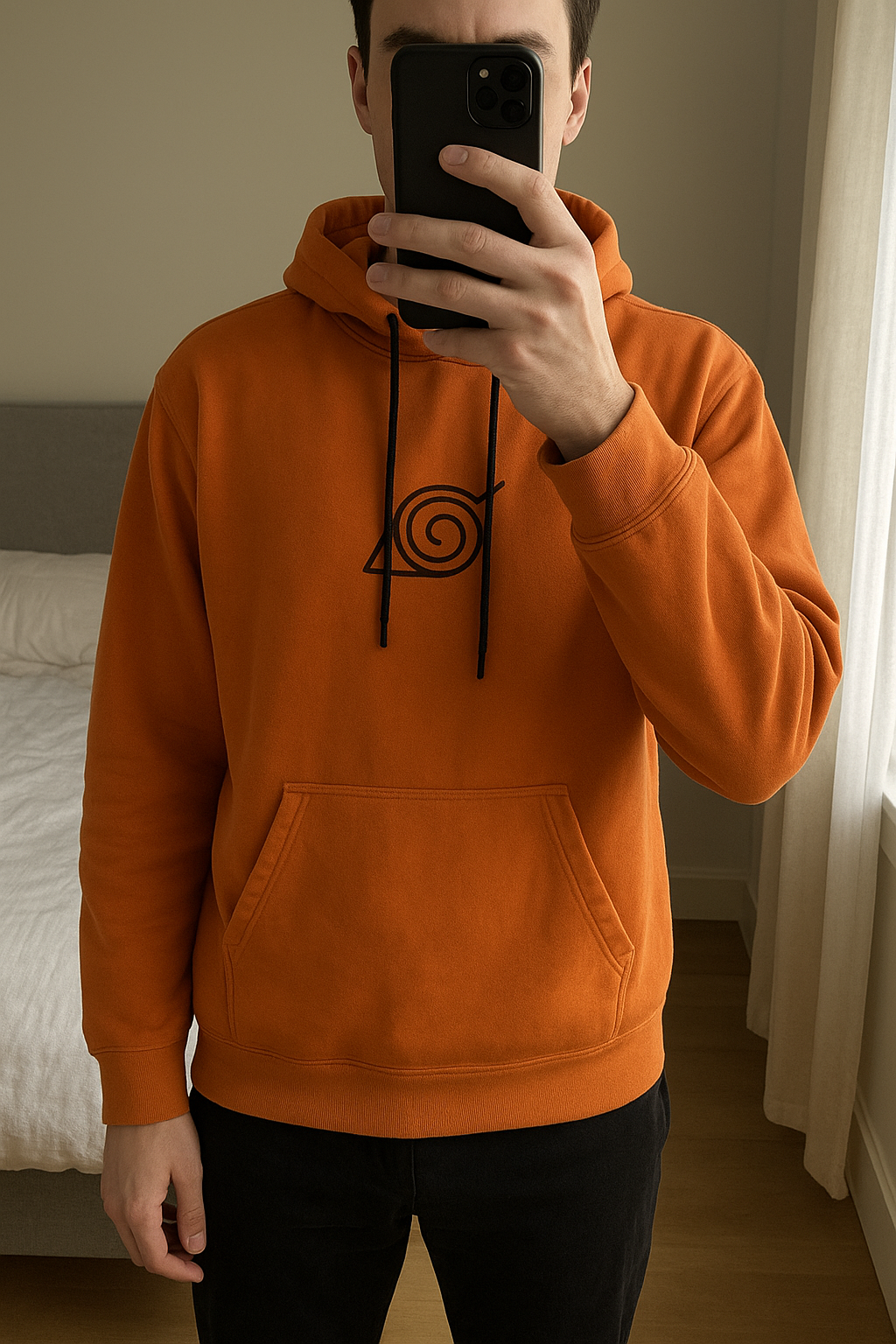 swet natuto édition limitée debout, face à la caméra, dans une chambre à la lumière douce, avec une lumière naturelle filtrant par la fenêtre.