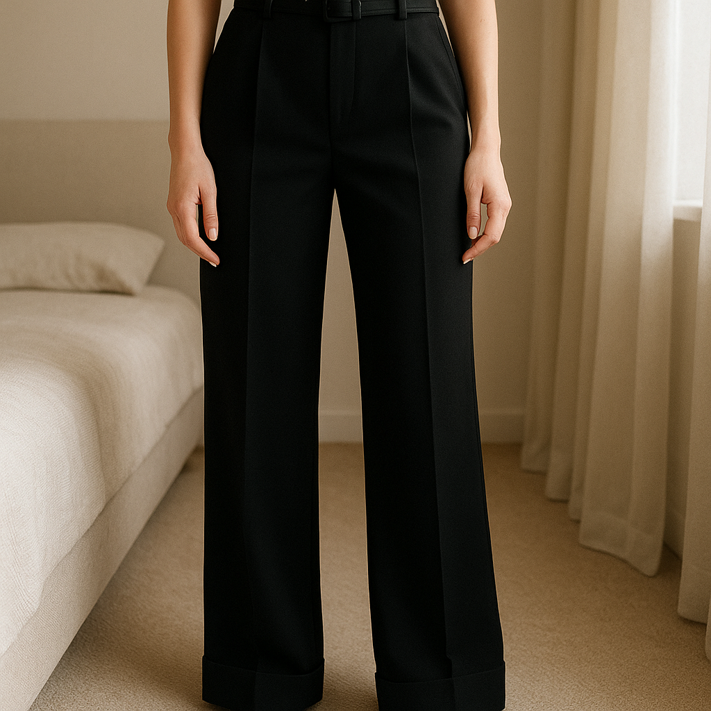 Victoria Beckham black flare trouser with belt - size small standing straight facing the camera, in a softly lit bedroom setting, with gentle natural light filtering through a window.