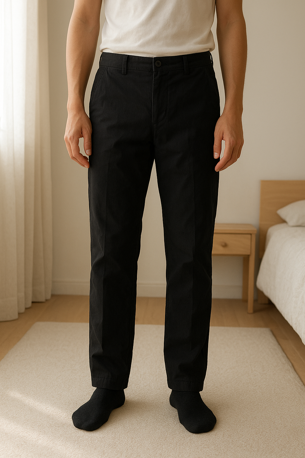 Pantalon Noir Shein debout, face à la caméra, dans une chambre à la lumière douce, avec une lumière naturelle filtrant par la fenêtre.