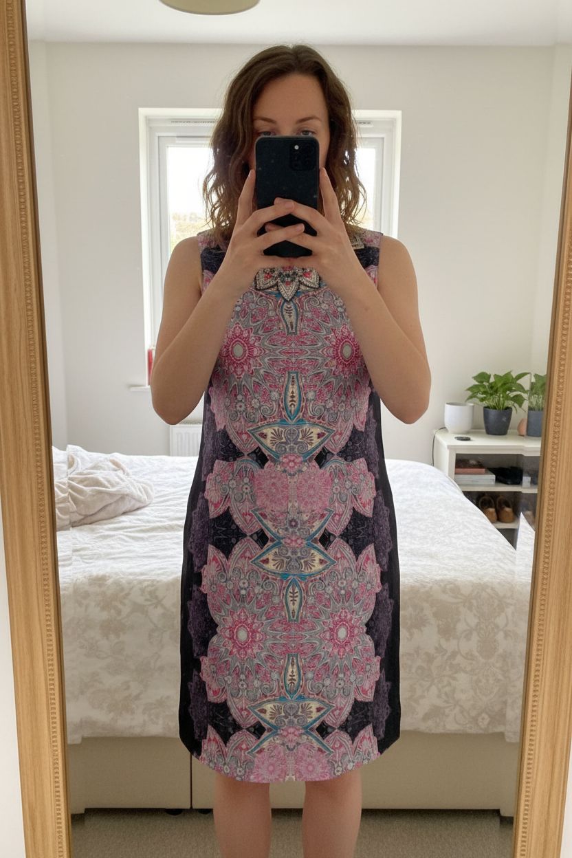 Monsoon Printed Shift Dress UK16 Boho Festival Occasion Statement silky feel standing straight facing the camera, in a softly lit bedroom setting, with gentle natural light filtering through a window.