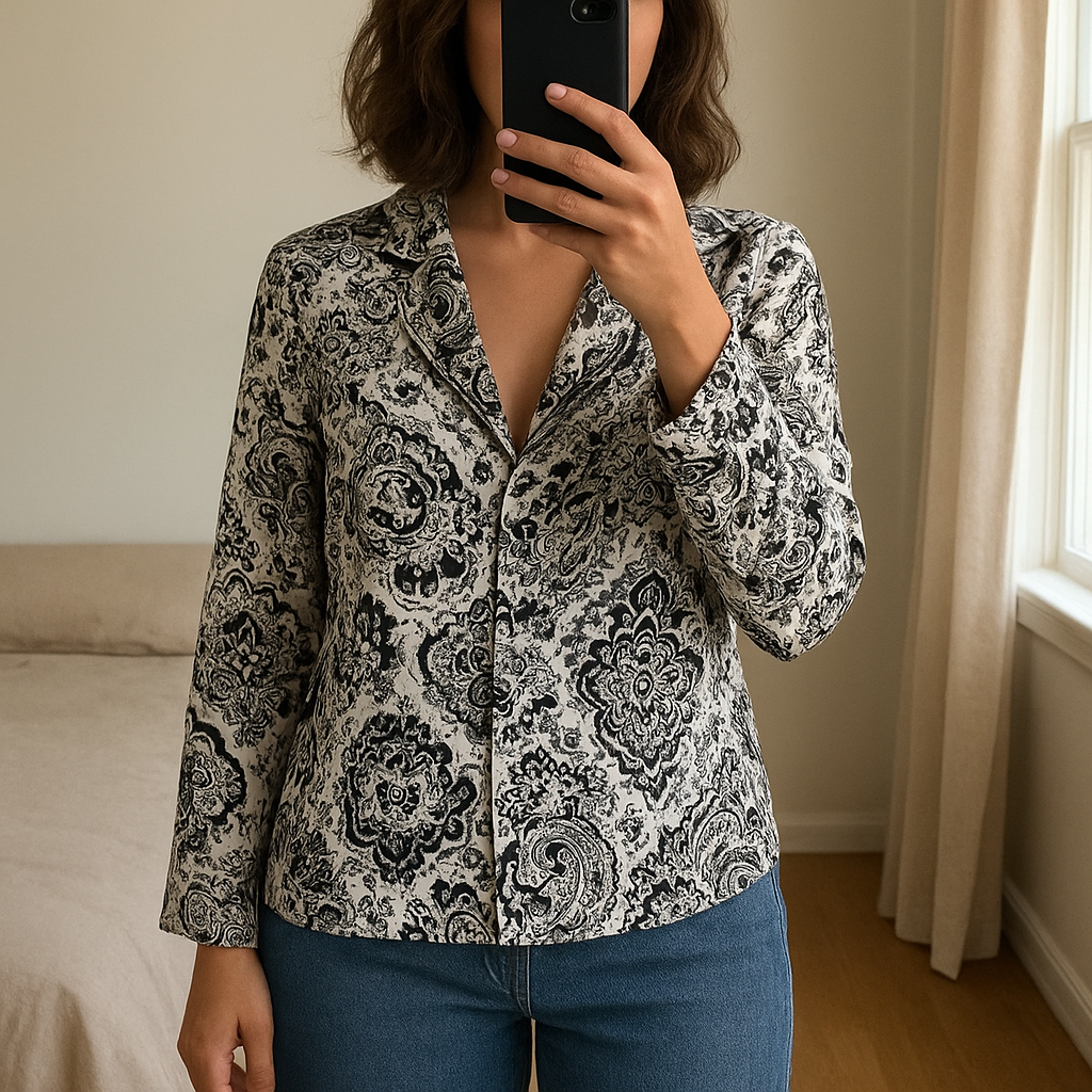 Chemisier Zara T34 debout, face à la caméra, dans une chambre à la lumière douce, avec une lumière naturelle filtrant par la fenêtre.