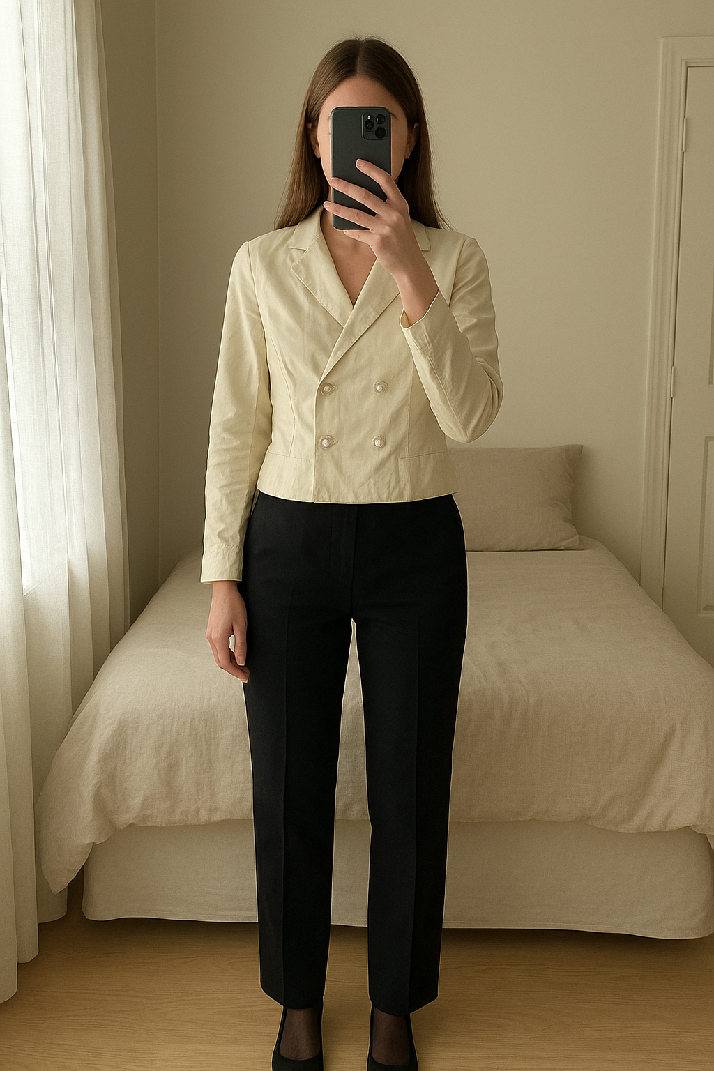 Combinaison pantalon Zara taille M neuve avec étiquette debout, face à la caméra, dans une chambre à la lumière douce, avec une lumière naturelle filtrant par la fenêtre.