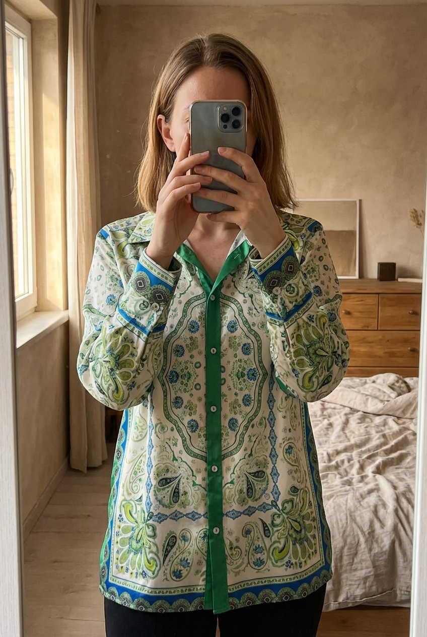 Chemise à motif Zara taille M / L très bonne état debout, face à la caméra, dans une chambre à la lumière douce, avec une lumière naturelle filtrant par la fenêtre.