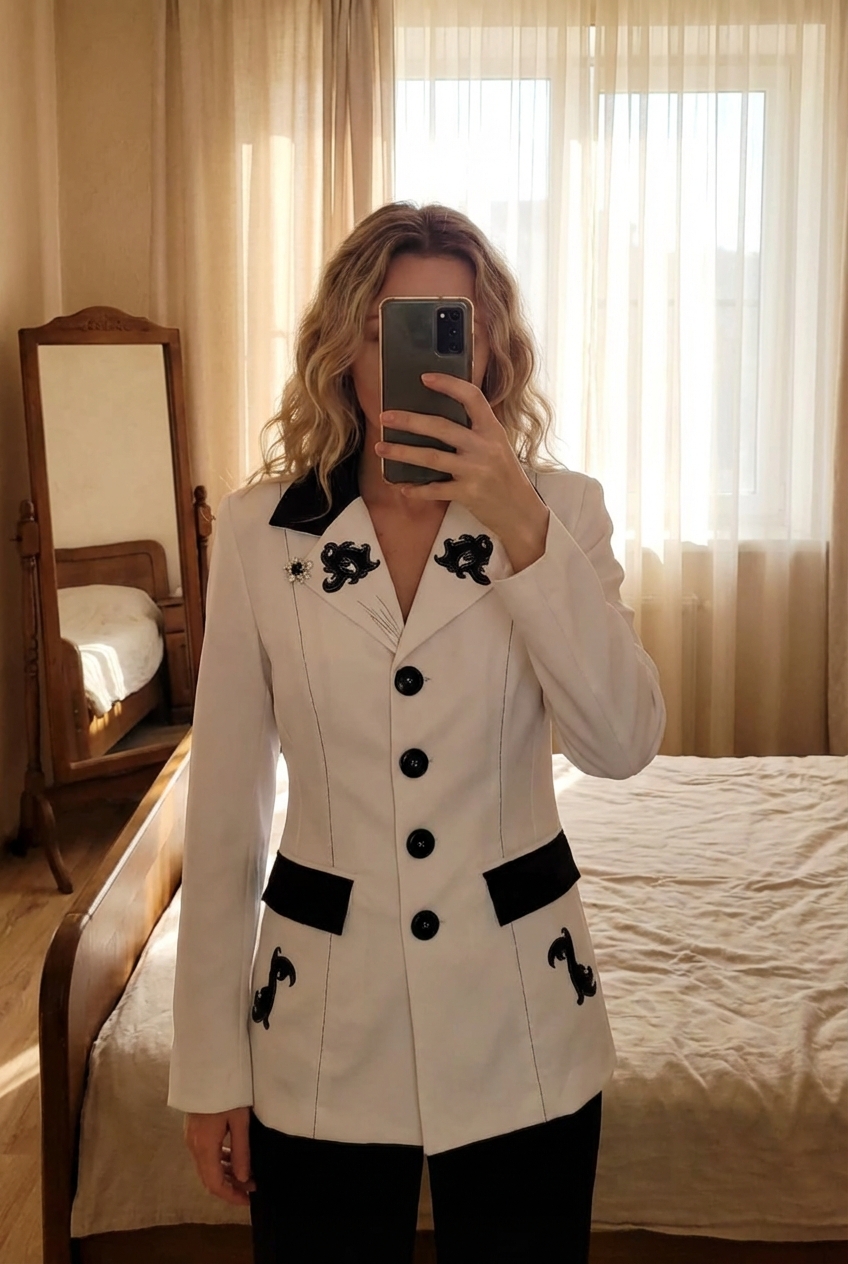 Veste cintrée tailleur blanche tête de mort femme taille 36/38 debout, face à la caméra, dans une chambre à la lumière douce, avec une lumière naturelle filtrant par la fenêtre.